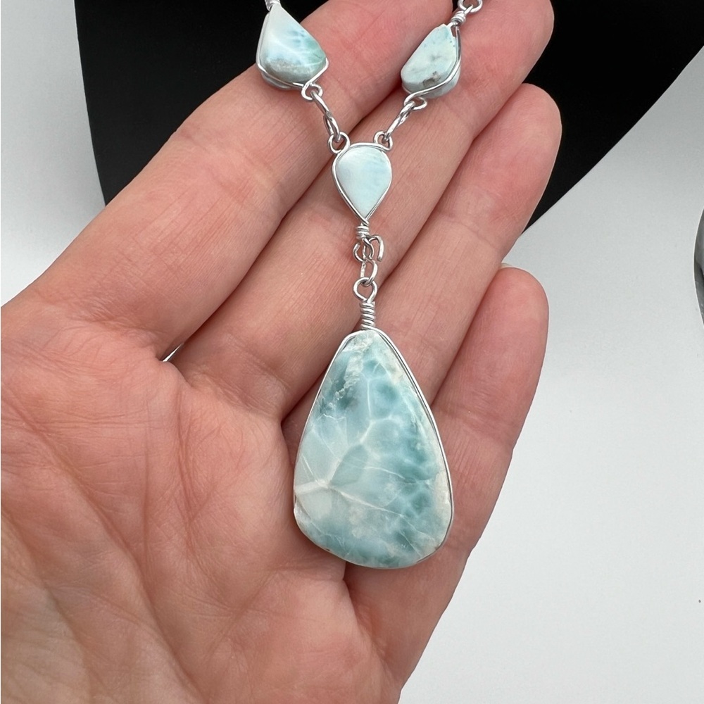 Authentic Larimar Teardrop Necklace • Silver Tone • Wire Wrapped